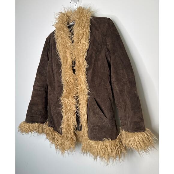 Y2K dELiA*s Suede Faux Fur Trim Jacket – Brown Shaggy Coat Size M (1990s/2000s) - Picture 7 of 13